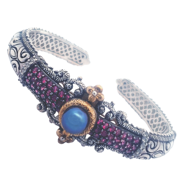 Sterling Silver 18K Gold Accent, Rhodalite Garnet, Pearl, Hinged cuff bracelet 7.5