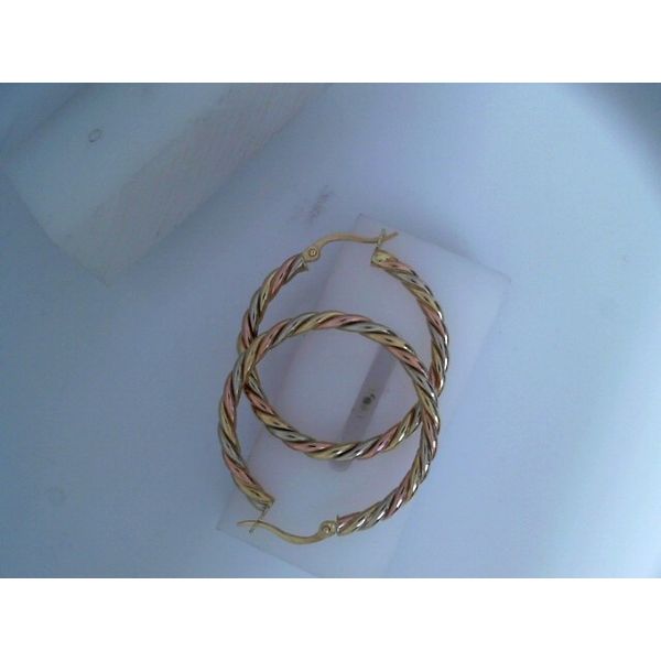 18KY Twisted Hoop Earrings.  34.00mm x 31.50mm in diameter. Chipper's Jewelry Bonney Lake, WA