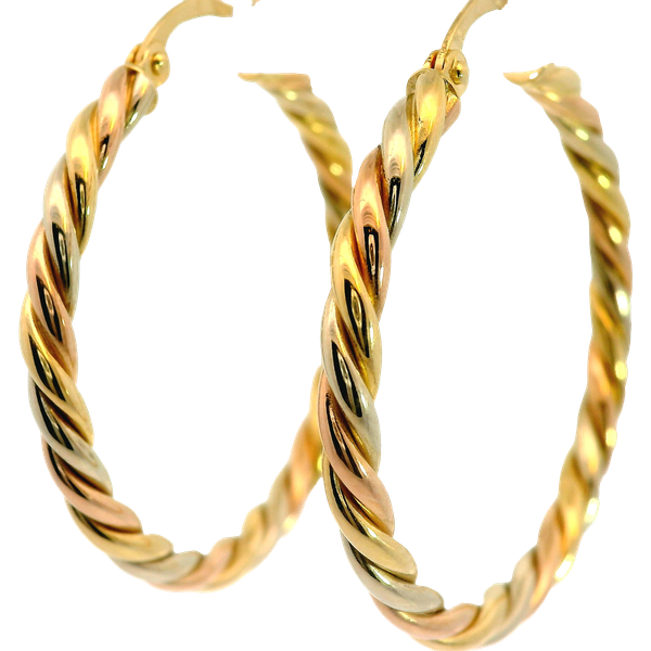 18KY Twisted Hoop Earrings.  34.00mm x 31.50mm in diameter. Chipper's Jewelry Bonney Lake, WA