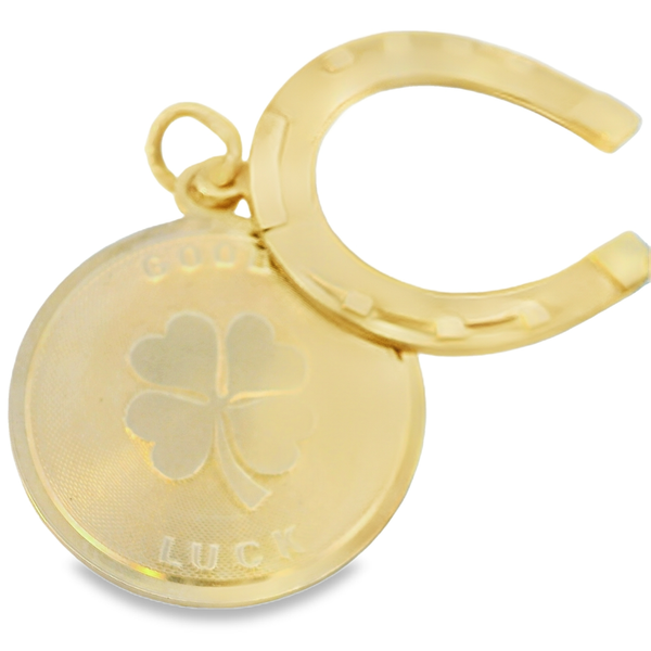 14K Yellow Gold Vintage Good Luck Disk with Horseshoe Charm Pendant Chipper's Jewelry Bonney Lake, WA
