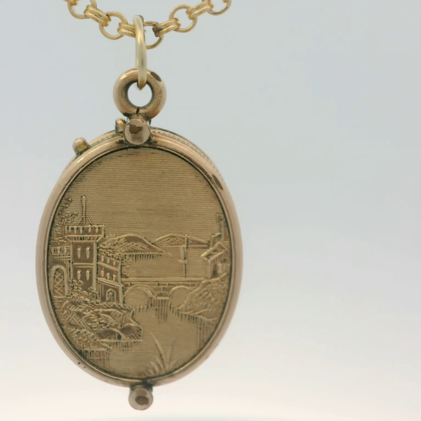 14K Yellow Gold Victorian Era Landscape Locket Pendant with 17.5" Gold Filled Chain Image 4 Chipper's Jewelry Bonney Lake, WA