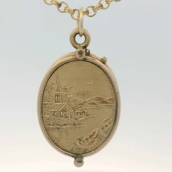 14K Yellow Gold Victorian Era Landscape Locket Pendant with 17.5" Gold Filled Chain Chipper's Jewelry Bonney Lake, WA