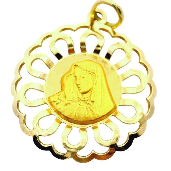 18KY Virgin Mary Pendant with Open Work Border Chipper's Jewelry Bonney Lake, WA