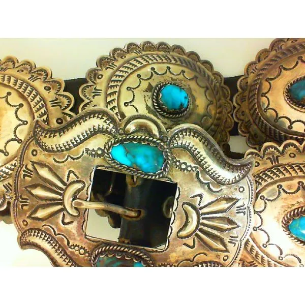 Genuine Smokey Bisbee Turquoise Sterling Silver Navajo 10 Concho and Buckle, Circa 1960 Image 2 Chipper's Jewelry Bonney Lake, WA