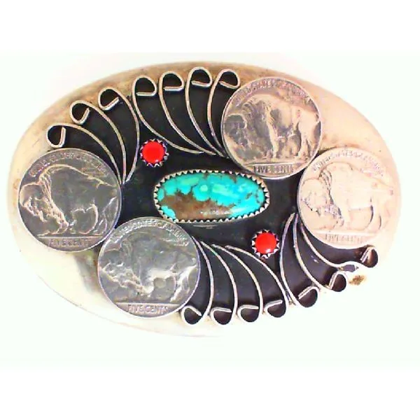 Sterling Silver w/Genuine Turquoise & Coral and 4 Buffalo Nickels, Native American Belt Buckle Chipper's Jewelry Bonney Lake, WA