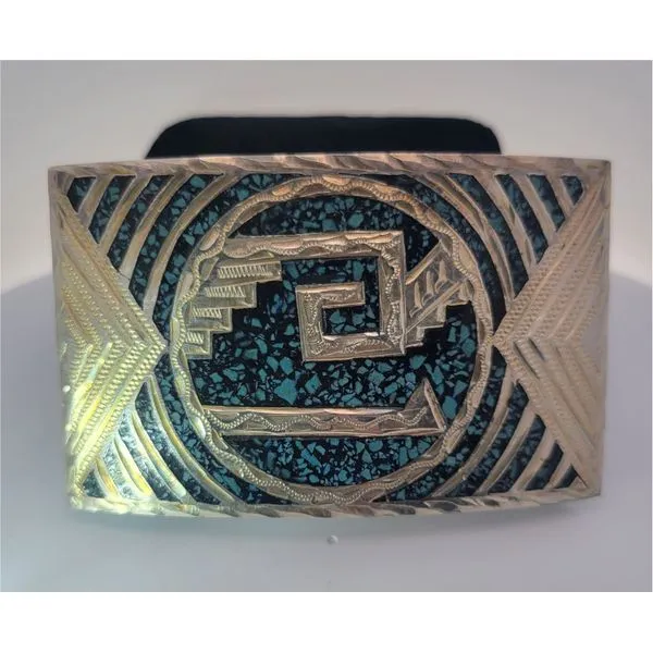 Vintage Mexican Sterling Silver Turquoise Inlay Belt Buckle Chipper's Jewelry Bonney Lake, WA