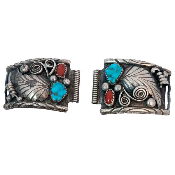 Navajo Sterling Silver Turquoise & Red Coral Watch Band Components by RB (Richard & Rita Begay) Chipper's Jewelry Bonney Lake, WA