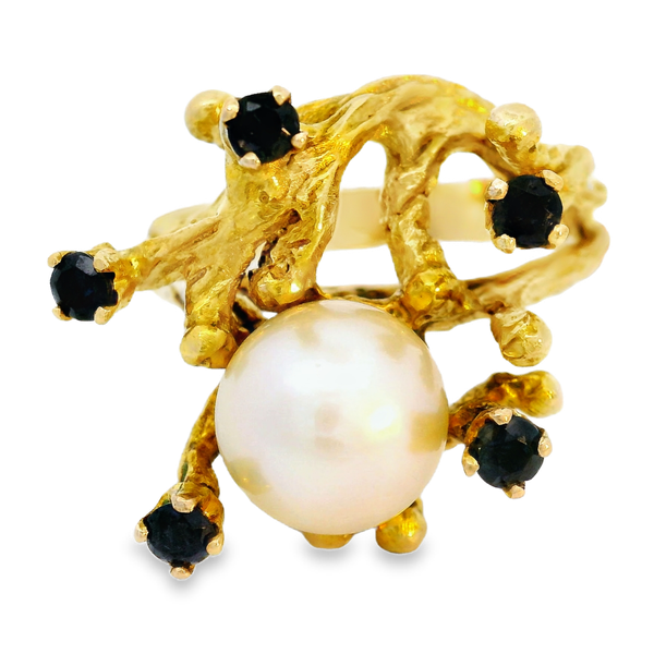 14K Yellow Gold Akoya Pearl and Blue Sapphire Ring with Bark Finish Chipper's Jewelry Bonney Lake, WA