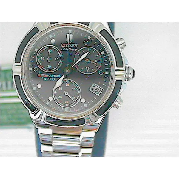 Eco-Drive RIVA SS-WR-100M 60 MIN Chrono-Black Onyx Bezel Chipper's Jewelry Bonney Lake, WA