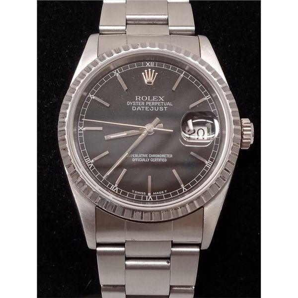Men's Watch 1990 Rolex Datejust Stainless Engine Turned Bezel Black Dial  Chipper's Jewelry Bonney Lake, WA