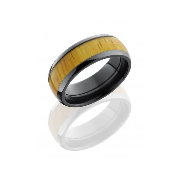 Lashbrook Men's Black Zirconium Domed Wedding Band with 5mm Osage Orange Wood Inlay Chipper's Jewelry Bonney Lake, WA