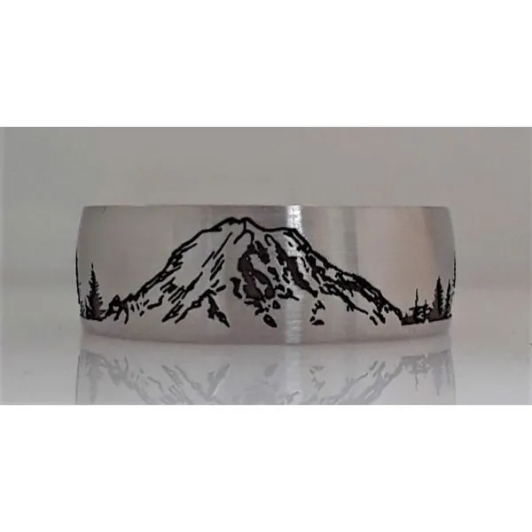 Cobalt Chrome Wedding Band with Mount Rainier and Trees Image 2 Chipper's Jewelry Bonney Lake, WA