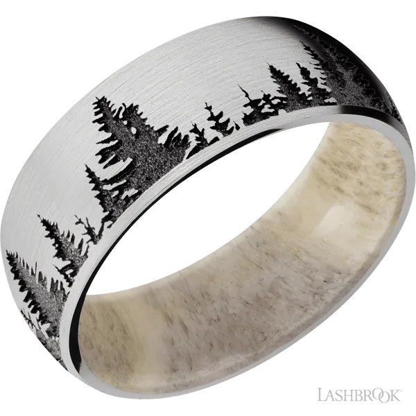 Cobalt Chrome Wedding Band with Mount Rainier and Trees Chipper's Jewelry Bonney Lake, WA