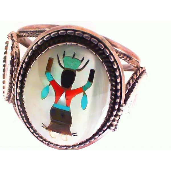 Mother of Pearl, Turquoise, Coral and Jet Inlay Native American Sterling Silver Bracelet Chipper's Jewelry Bonney Lake, WA