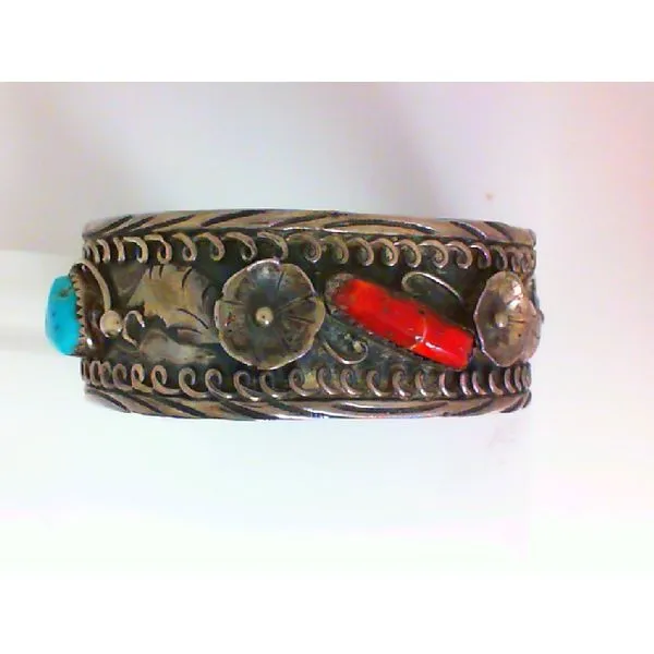 Genuine Turquoise and Coral Sterling Silver Three Stone Native American Cuff Bracelet Chipper's Jewelry Bonney Lake, WA