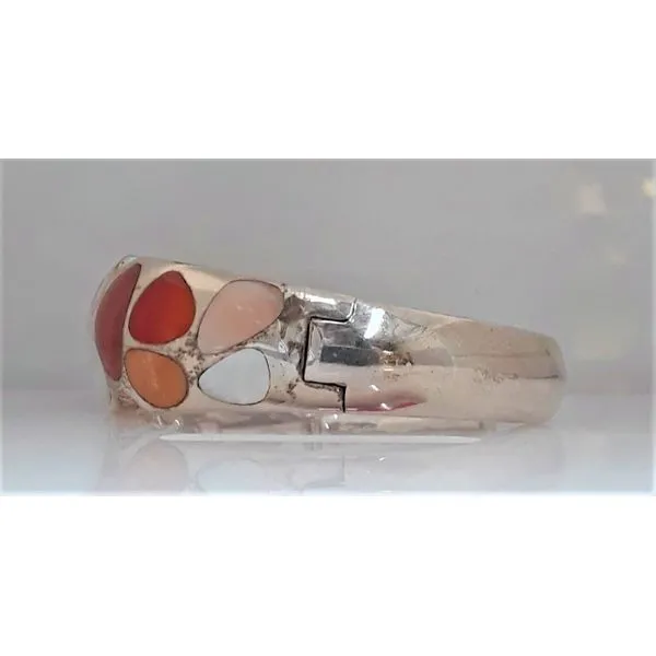 Sterling Silver Cuff Bracelet with Orange, Red, and Mother of Pearl Inlay Image 2 Chipper's Jewelry Bonney Lake, WA