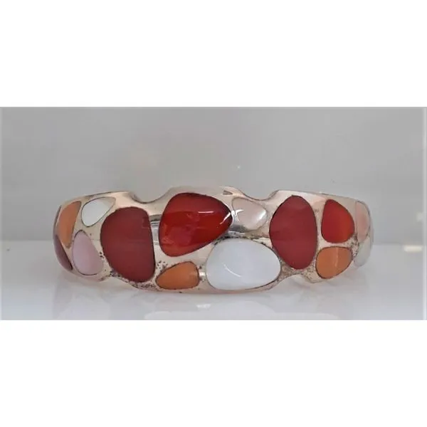 Sterling Silver Cuff Bracelet with Orange, Red, and Mother of Pearl Inlay Chipper's Jewelry Bonney Lake, WA