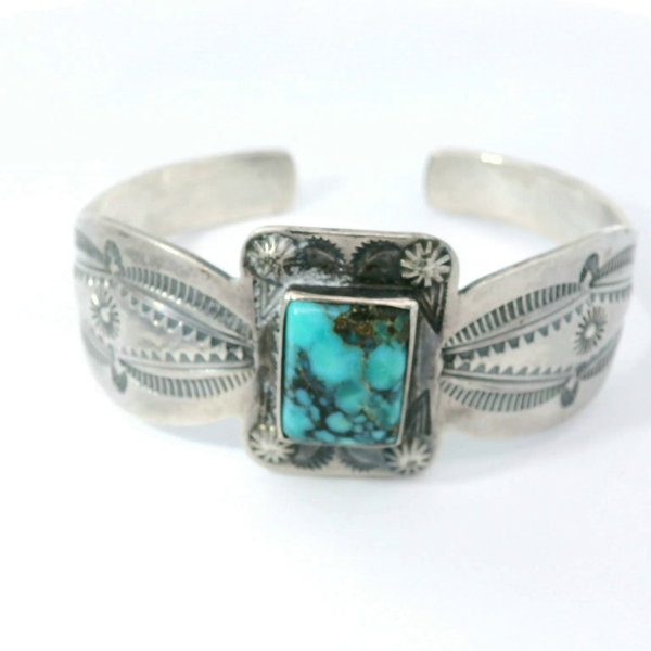 1950's Coin Silver Turquoise Cuff Bracelet Chipper's Jewelry Bonney Lake, WA