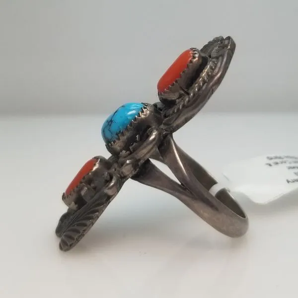 Sterling Silver Red Coral & Turquoise Reeves Ring Image 2 Chipper's Jewelry Bonney Lake, WA