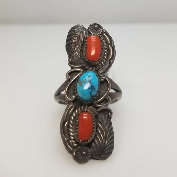 Sterling Silver Red Coral & Turquoise Reeves Ring Chipper's Jewelry Bonney Lake, WA