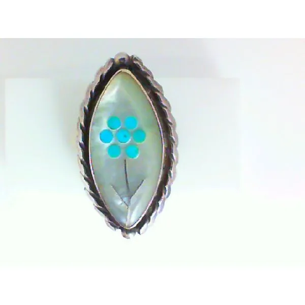 Mother of Pearl and Turquoise Flower Inlay Native American Sterling Silver Ring Chipper's Jewelry Bonney Lake, WA