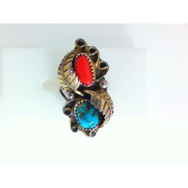 Native American Turquoise and Coral Sterling Silver Ring Chipper's Jewelry Bonney Lake, WA