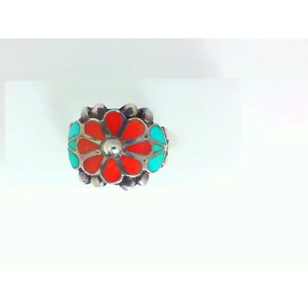 Native American Turquoise and Coral Inlay Peyote Flower Sterling Silver Ring Chipper's Jewelry Bonney Lake, WA