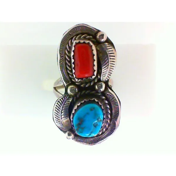 Native American Turquoise and Coral Sterling Silver Ring Chipper's Jewelry Bonney Lake, WA