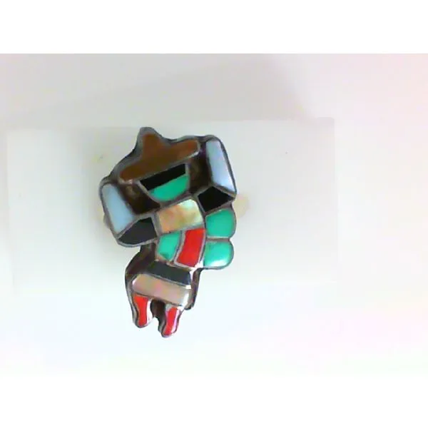 Zuni Rainbow Warrior Turquoise, Mother of Pearl, Coral & Jet Inlay Sterling Silver Ring Chipper's Jewelry Bonney Lake, WA