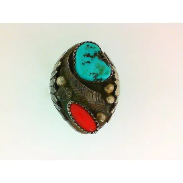 Kingman Turquoise and Coral Sterling Silver Native American Ring Chipper's Jewelry Bonney Lake, WA