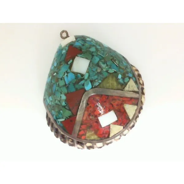 Chip Inlay Turquoise and Coral on Shell Pendant Chipper's Jewelry Bonney Lake, WA