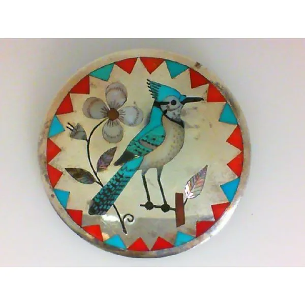 Zuni Inlay Sterling Silver Brooch/Pendant with Turquoise, Red Coral, Pearl, and Jet Chipper's Jewelry Bonney Lake, WA