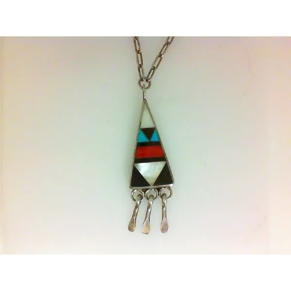 Genuine Turquoise, Blood Red Coral, Pearl, and Jet Zuni Native American Sterling Silver Necklace Chipper's Jewelry Bonney Lake, WA