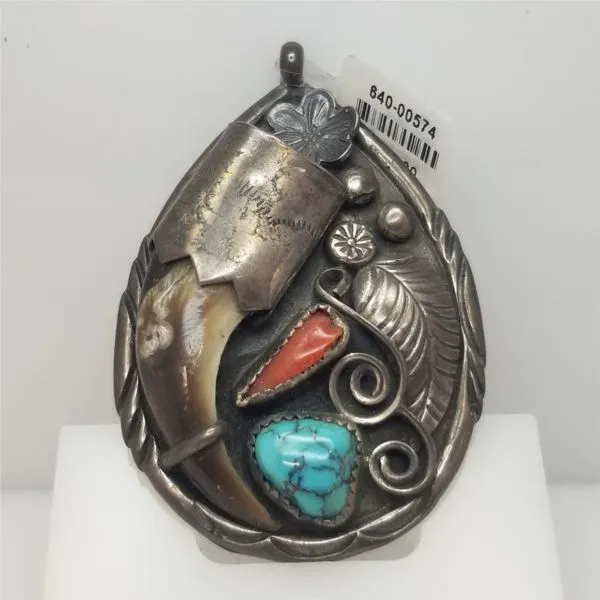Bearclaw, Turquoise, and Coral Sterling Silver Pendant or Charm Chipper's Jewelry Bonney Lake, WA