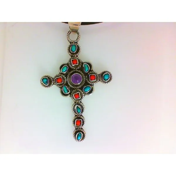 Genuine Turquoise, Coral and Purple Stone Sterling Silver Native American Cross Pendant Chipper's Jewelry Bonney Lake, WA