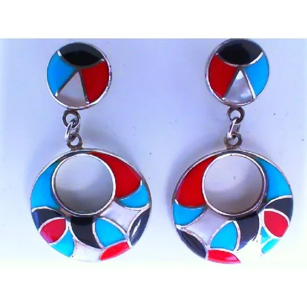 Turquoise, Mother of Pearl, Coral and Jet Inlay Native American Sterling Silver Earrings Chipper's Jewelry Bonney Lake, WA