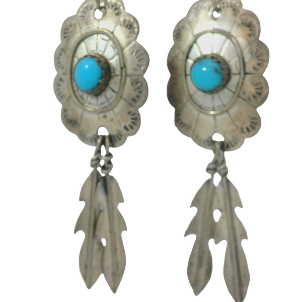 Sterling Silver Concho Feather Turquoise Earrings Chipper's Jewelry Bonney Lake, WA