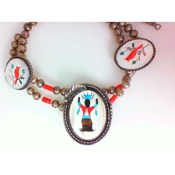 Turquoise, Coral, Mother of Pearl and Jet Dancer and Bird Inlay Sterling Silver Beaded Native American Necklace Chipper's Jewelry Bonney Lake, WA
