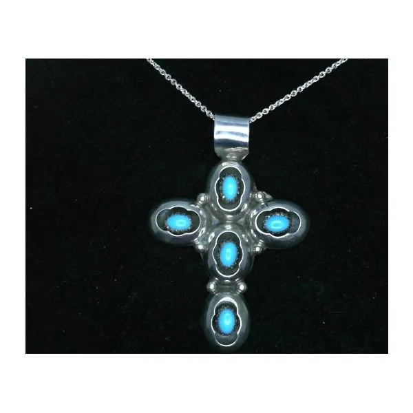 Native American Turquoise/Sterling Silver Cross with 24" Sterling Adjustable Chain Chipper's Jewelry Bonney Lake, WA