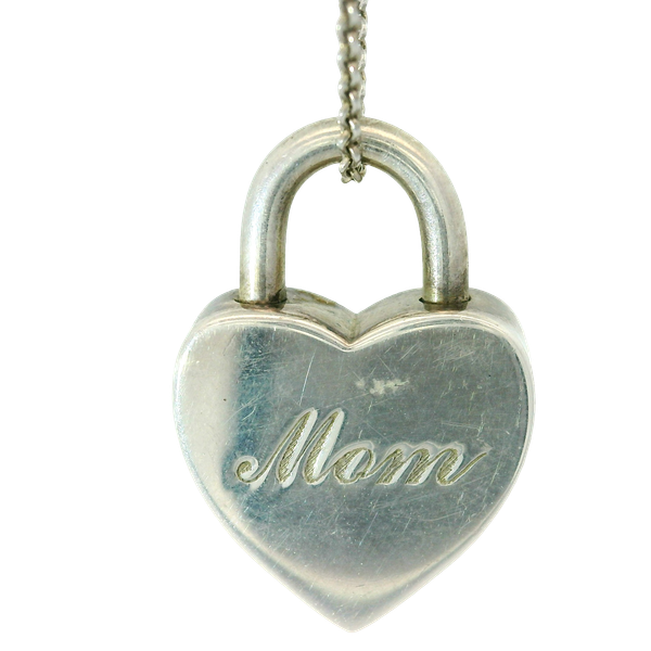 Tiffany & Co. Sterling Silver Mom Heart Lock Pendant on 16 inch sterling cable chain Chipper's Jewelry Bonney Lake, WA
