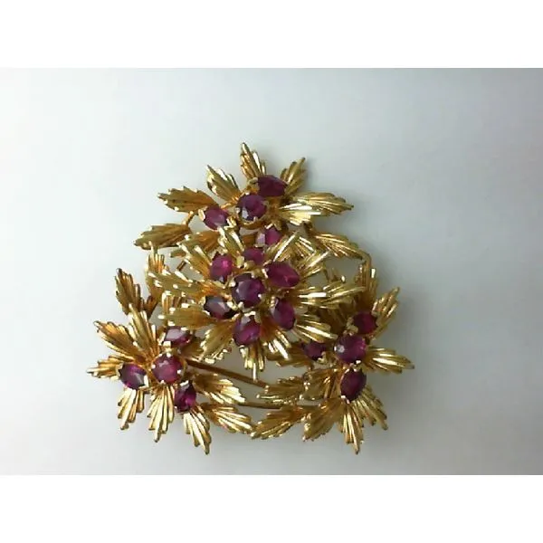 18K Yellow Gold Rubies & Leaves Pin Chipper's Jewelry Bonney Lake, WA