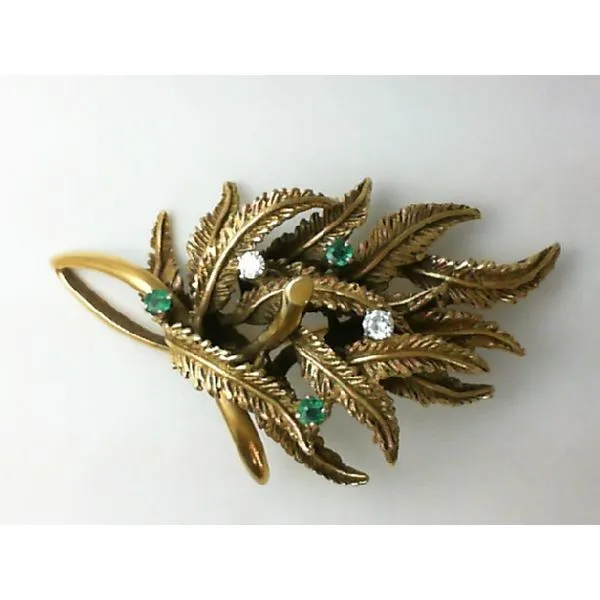 18K Yellow Gold, Emerald & Diamond Antiqued Pin Chipper's Jewelry Bonney Lake, WA