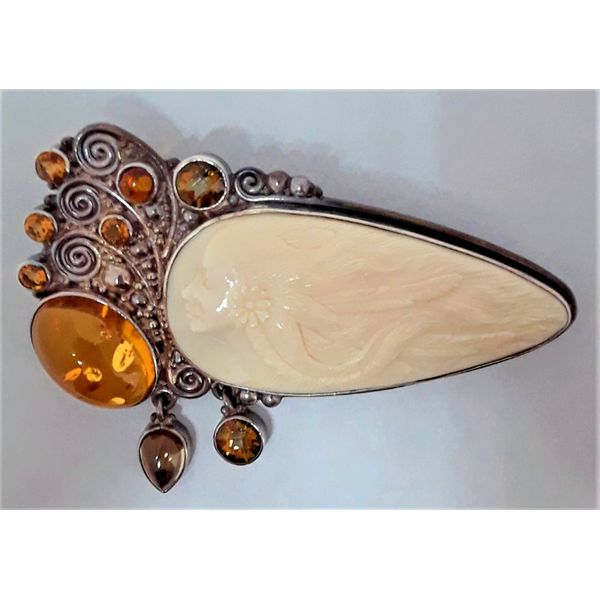 Cow Bone Brooch with Amber, Citrine and Topaz Chipper's Jewelry Bonney Lake, WA