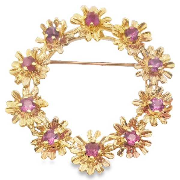 14KY Pink Sapphire Flower Brooch 1.30ctw (estimated). Chipper's Jewelry Bonney Lake, WA