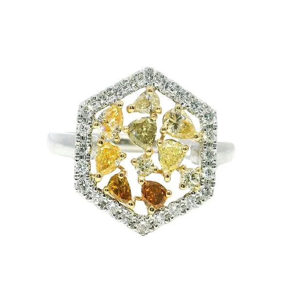 Hexagon Ring with 9 Pear-Cut Fancy-Color Diamonds in 14k Yellow & White Gold Clark's Diamond Jewelers Coeur d'Alene, ID