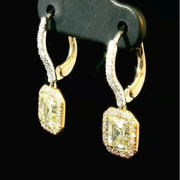 Fancy Light Brownish Yellow Diamond Dangle Earrings in Platinum & 18K Yellow Gold Image 3 Clark's Diamond Jewelers Coeur d'Alene, ID