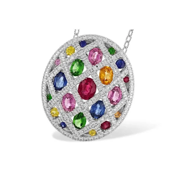 3.00ct Multi-Color Gemstone & Diamond Oval Lattice Pendant in 14k White Gold – 18