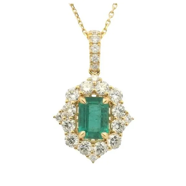 1.14ct Emerald Halo Pendant with 1.00ct Diamond Accents in 18k Yellow Gold – Chain Sold Separately Clark's Diamond Jewelers Coeur d'Alene, ID