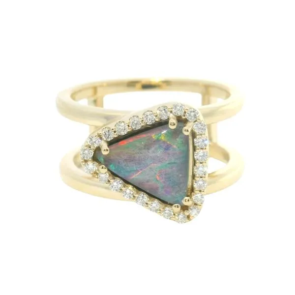 1.32ct Trillion Idaho Opal Halo Split Shank Ring in 14k Yellow Gold – Jeweler Jane Custom Clark's Diamond Jewelers Coeur d'Alene, ID