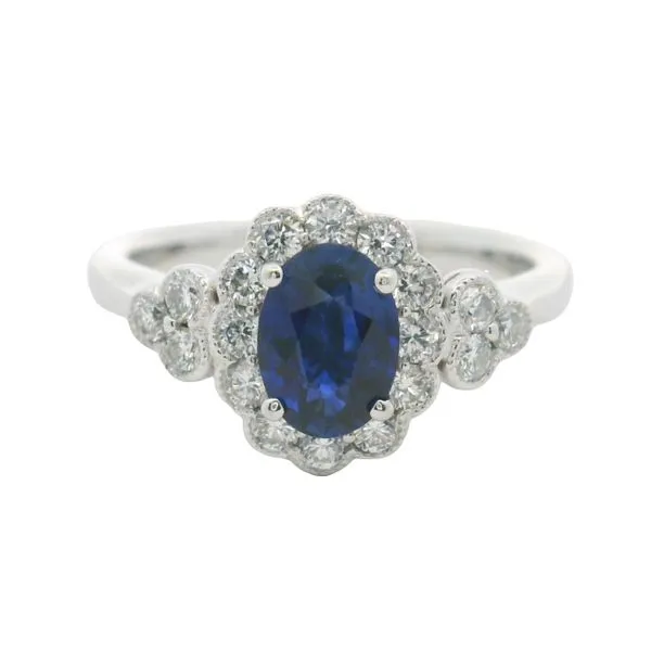 1.00ct Sapphire Halo Ring in 18k White Gold Clark's Diamond Jewelers Coeur d'Alene, ID
